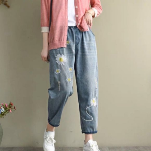 Vintage embroidery floral summer jeans